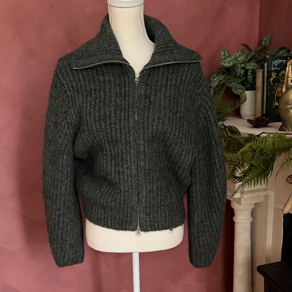 Cozy soft olive green Weekday Zip-Up Sweater
